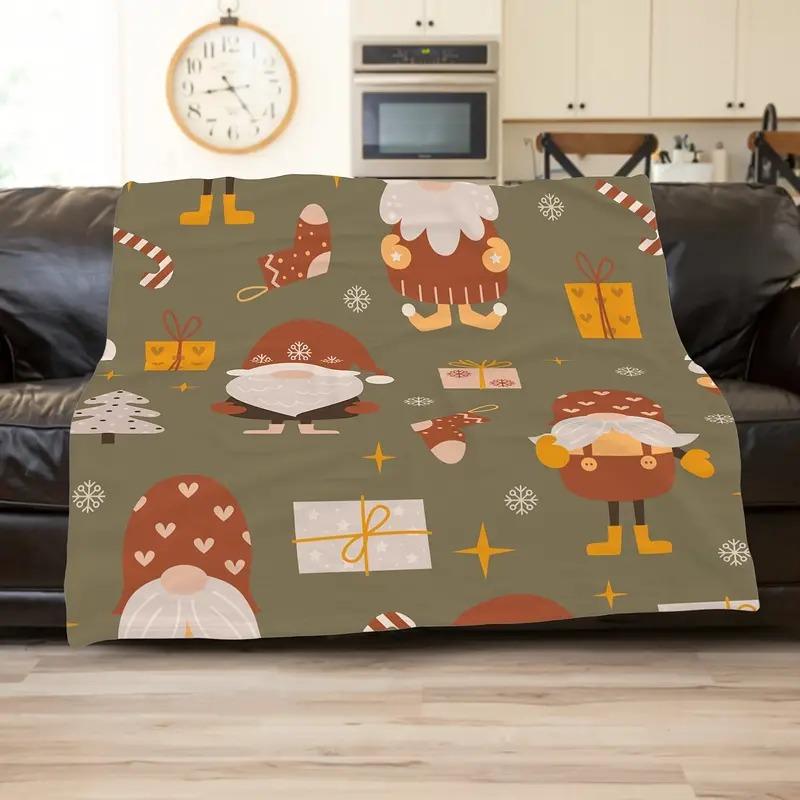 ブランケット クリスマス ノーム レトロ キャラクター かわいい プリント フランネル ポリエステル 保温 あったか 大判 ひざ掛け 多用途 マルチカバー オールシーズン