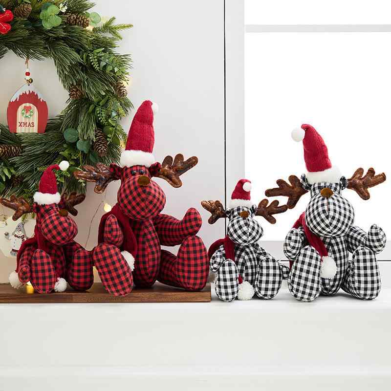 クリスマス 鹿 ぬいぐるみ 置物 赤黒チェック柄 ファブリック おしゃれなトナカイ オブジェ 飾り ショーウィンドウ ディスプレイ インテリア雑貨 モダンデザイン ハンドメイド風