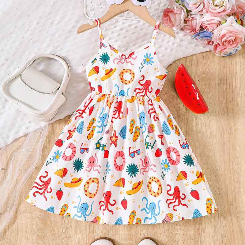 Girls' One-Piece Dress, Resort Style, Printed, Casual, Summer Wear, A-Line, Polyester, Ages 3, 4, 5, 6, 7, 8, Children's Clothing, Outings, Daily Use