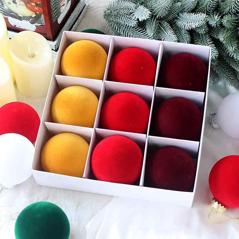 クリスマスツリーオーナメント フロッキー加工 クリスマスボール 8cm 9個セット プラスチック製 北欧風 おしゃれ ミックスカラー