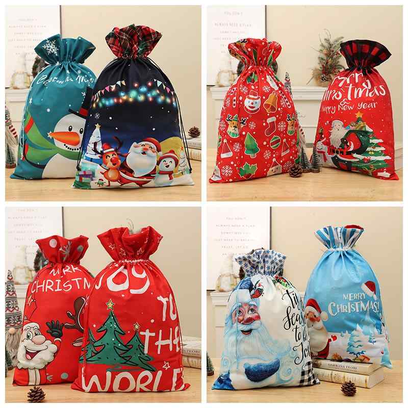 ギフトバッグ キッズ クリスマス 布製 巾着袋 大容量 ブルー ストライプ サンタクロース 雪だるま柄 おしゃれ プレゼント ラッピング お菓子入れ