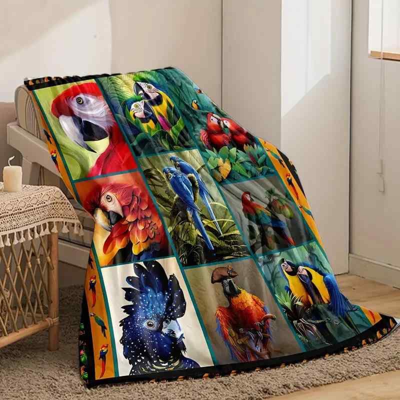 ブランケット 柔らか ふわふわ ソフトタッチ 暖かい あったか ウォーム オウム柄 アニマル柄 ポリエステル ソファ キャンプ アウトドア 旅行 トラベル 昼寝 ギフト プレゼント 毛布 膝掛け