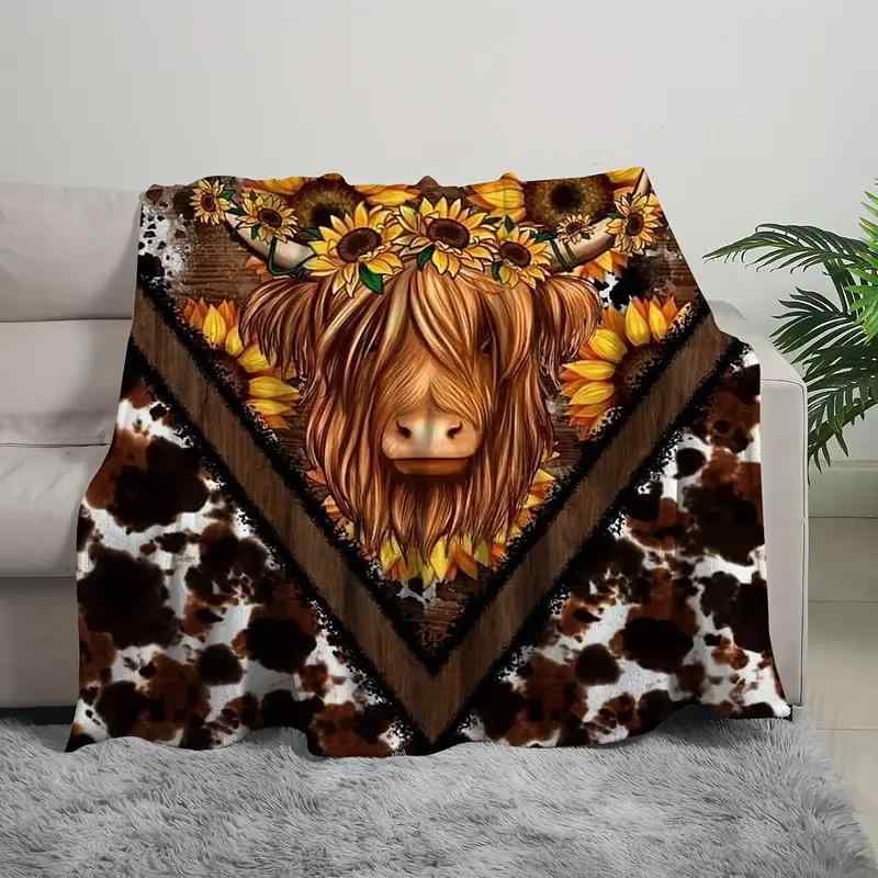 毛布 ポータブル 折りたたみ 軽量 ポリエステル製 デジタルプリント ハイランド牛 ひまわり レトロ ファーム柄 かわいい ソフト キャンプ アウトドア レジャー ブランケット リビング 旅行用 オールシーズン