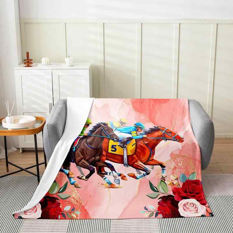毛布 キッズ 男女兼用 フランネル ポリエステル 馬 競馬 野生動物 かわいいアニマル レーシングデザイ..