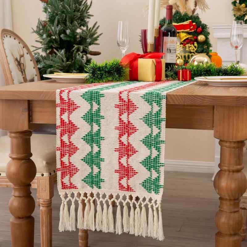 Daily Necessities - テーブルランナー クリスマス ダイニング 食卓 装飾 結び目 タッセル ボヘミアン風 アメリカンカントリー コットン ポリエステル混紡 植物柄 花柄 レッド グリーン ロングタイプ