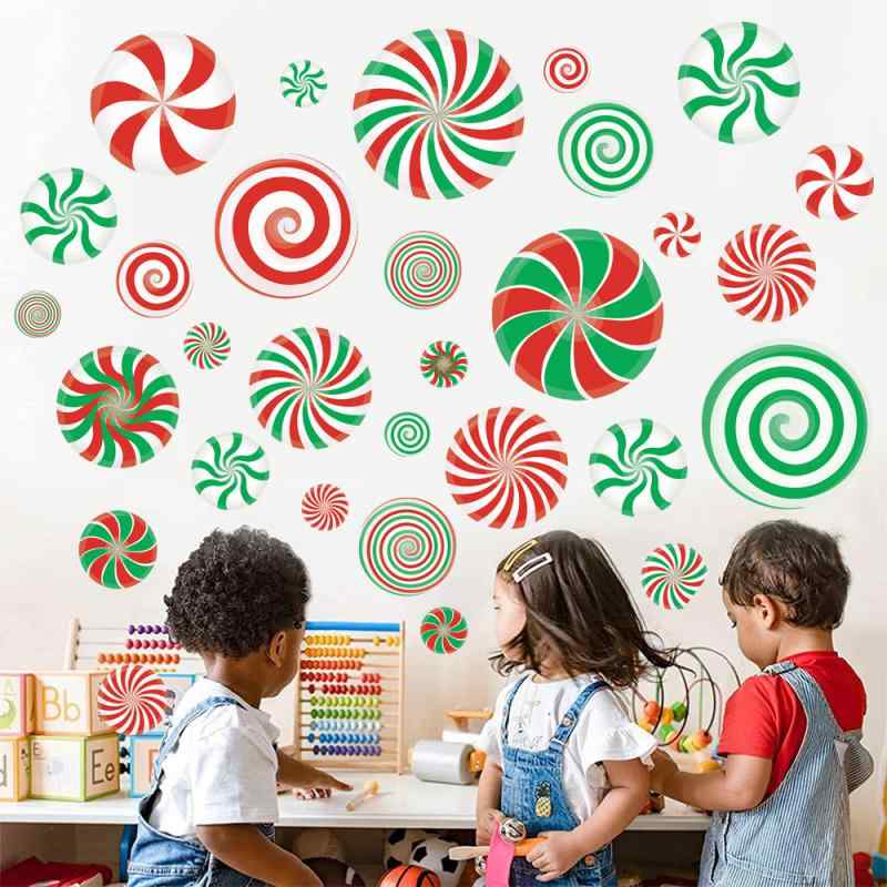 ウォールステッカー クリスマス カラフルキャンディ ストライプ ガラス窓用 装飾 デコレーション 防水 ..