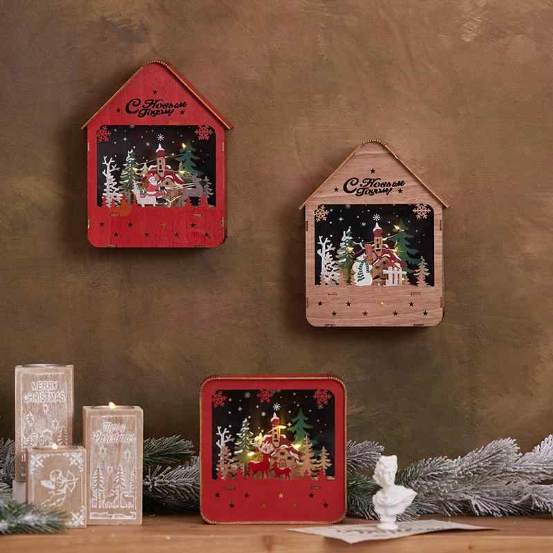 クリスマス飾り レトロ 木製 ライト付き LED照明 ミニハウス 置物 吊り下げ オーナメント デコレーション インテリア ディスプレイ パーティー イベント 撮影用小物 おしゃれ