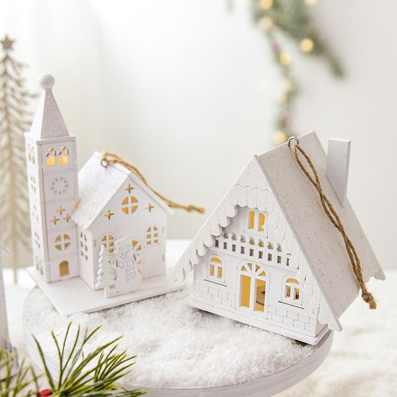 クリスマスオーナメント 木製 光る 雪の家 スノーハウス ミニチュア お城 キャッスル ツリー飾り 吊り下げ 卓上 デコレーション モダン シンプル 北欧風 インテリア 飾り