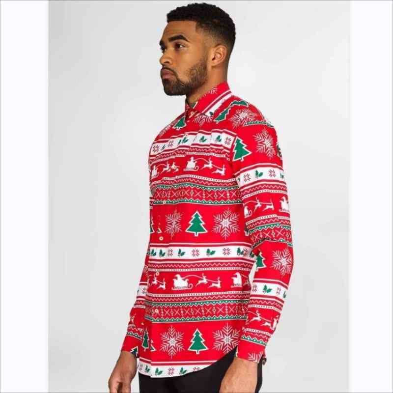 シャツ メンズ ウォッシャブル 薄手 ゆったり クリスマス プリント 総柄 個性的 欧米風 オープンカラー 開襟 長袖 シングルボタン レーヨン混紡 パーティー イベント