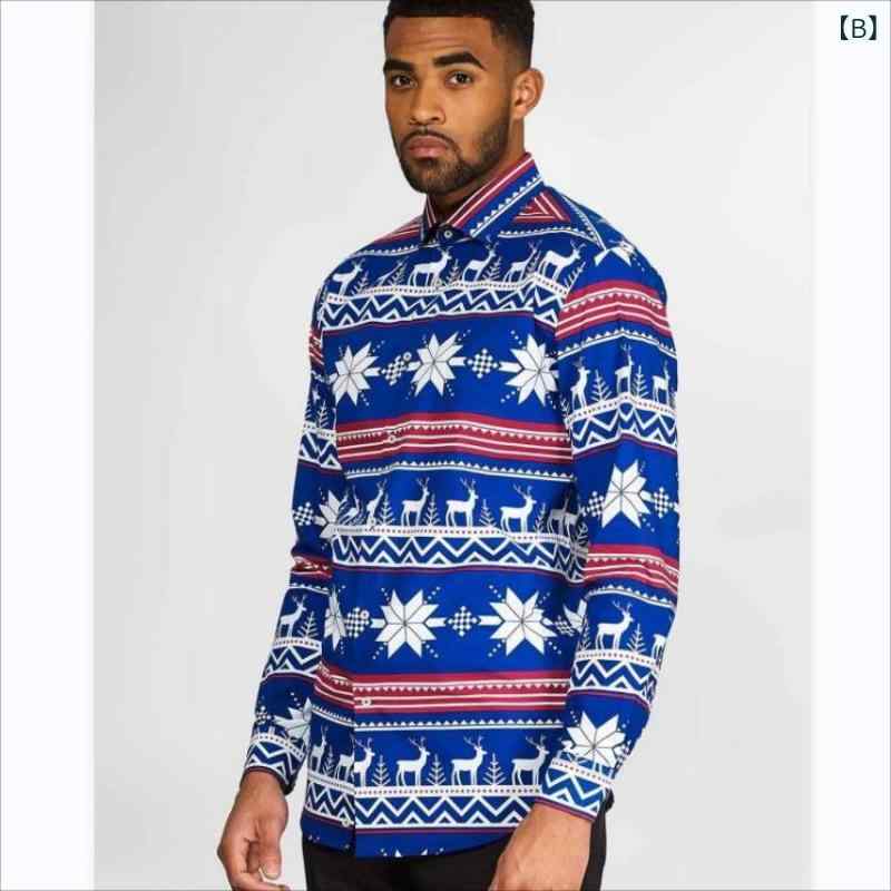 シャツ メンズ ウォッシャブル 薄手 ゆったり クリスマス プリント 総柄 個性的 欧米風 オープンカラー 開襟 長袖 シングルボタン レーヨン混紡 パーティー イベント