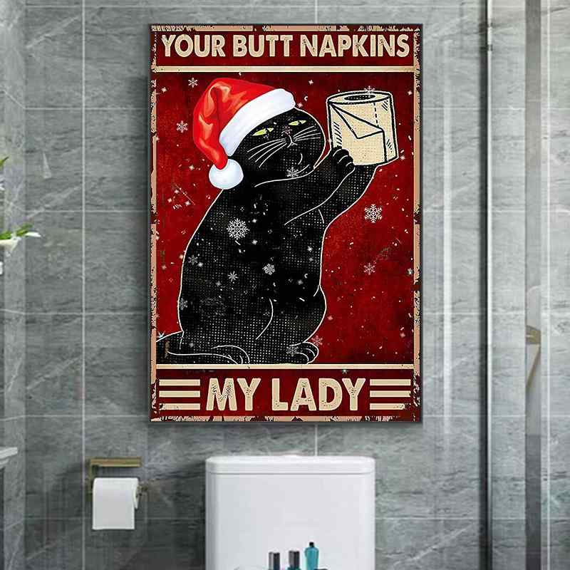 アートパネル クリスマス サンタ帽 黒猫 ティッシュ黒猫 バスルーム 洗面所 インテリア 壁飾り キャンバス画 おしゃれ(x2)(3)