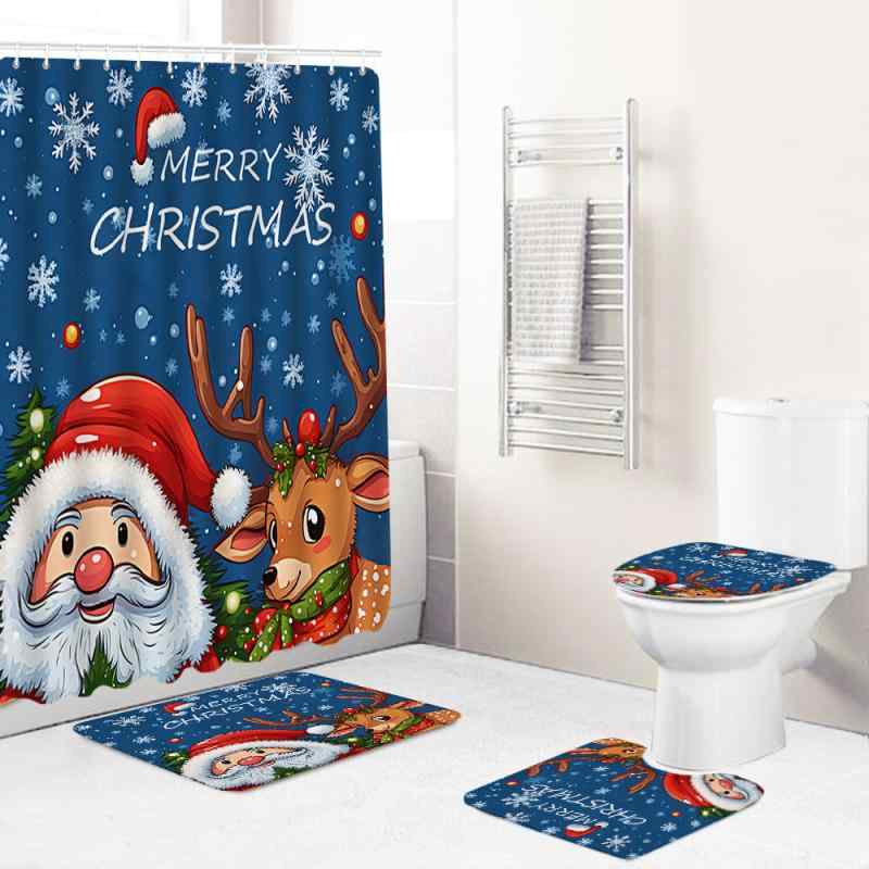 シャワーカーテン フロアマット クリスマス 4点セット 浴室 洗面所 トイレマット バスマット 足元マット 洗濯可 丸洗いOK 滑り止め ポリエステル おしゃれ 長方形