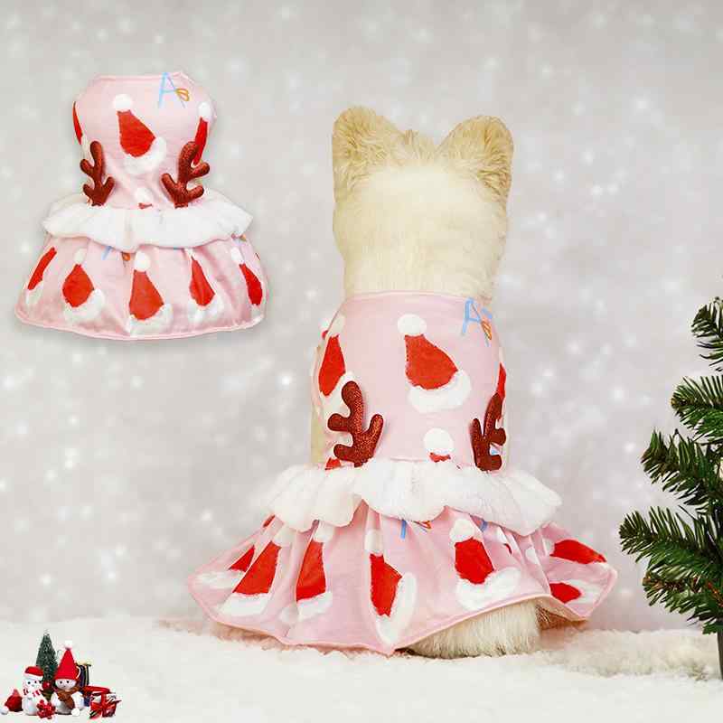 ペットウェア 犬 ドッグ クリスマス お正月 イベント 冬物 かわいい プリンセスドレス 鹿角付き 帽子付き ピンク ポリエステル素材