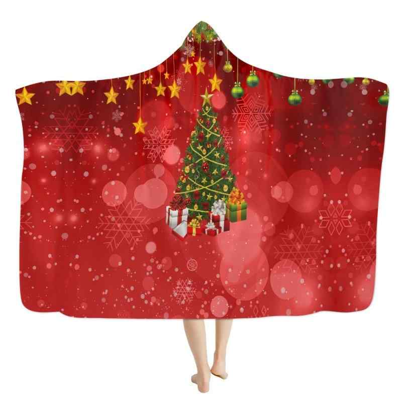 ブランケット フード付き 厚手 ポリエステル クリスマス柄 イラストプリント 総柄 秋冬用 欧米風 着る毛布 ルームウェア 部屋着 ひざ掛け あったか ふわふわ 肌触り良い カジュアル