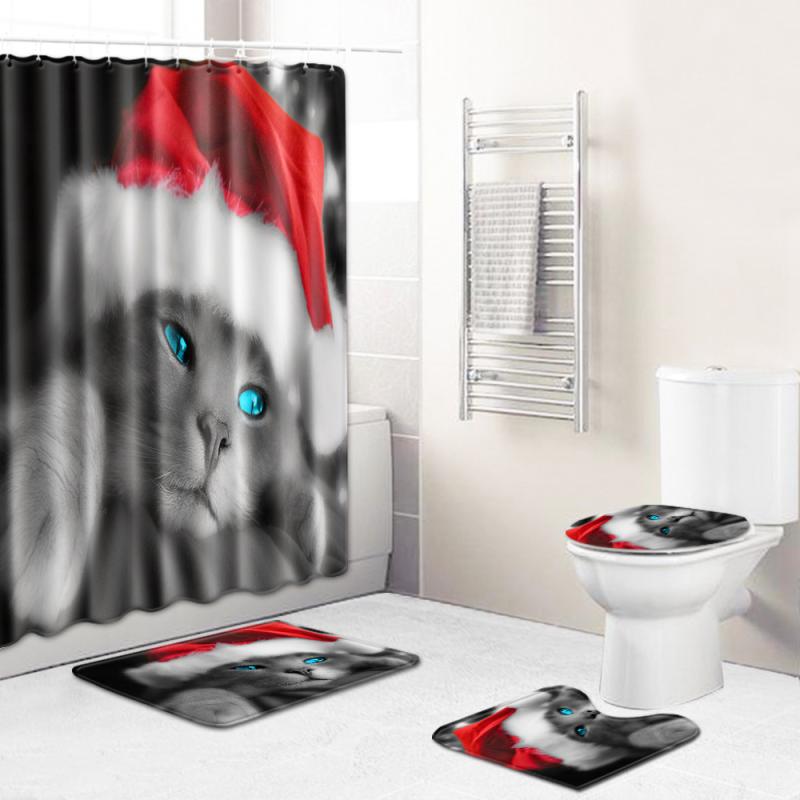 バスルームセット クリスマス柄 ポリエステル素材 丸洗い可能 滑り止め付き シャワーカーテン バスマット トイレマット トイレ蓋カバー 4点セット