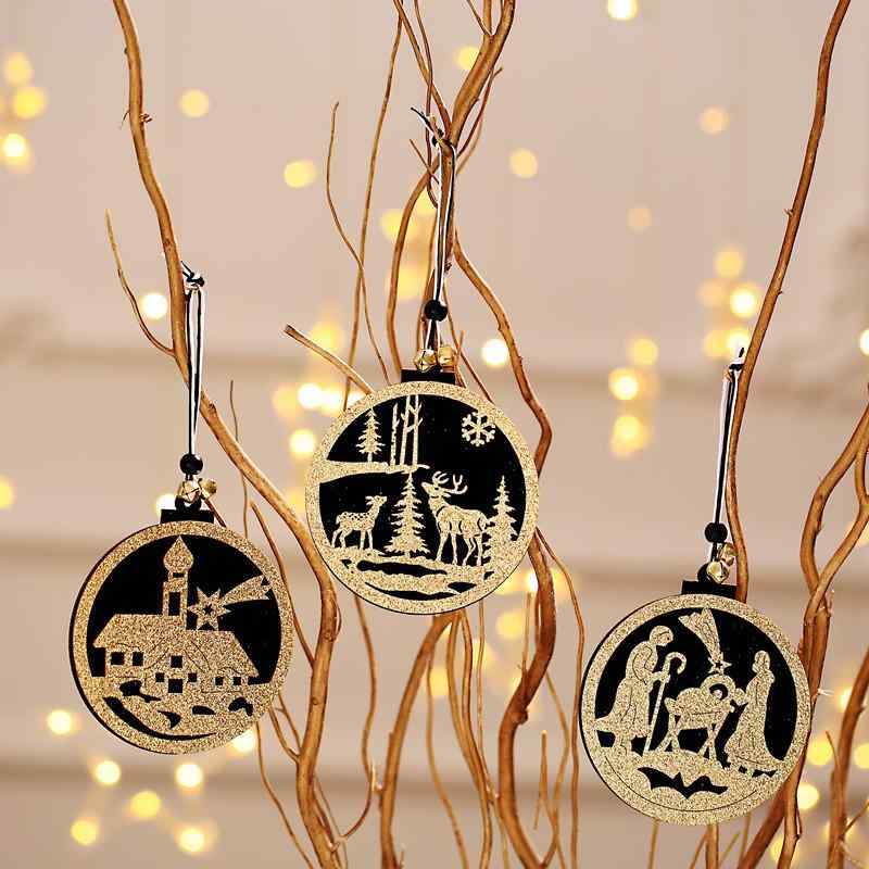 クリスマス オーナメント クリスマスツリー 飾り 木製 ウッド 透かし彫り くり抜き 立体 3D ホテル ショーウィンドウ ディスプレイ 吊り下げ 装飾品 ブラック ゴールド 箔押し加工 人物 鹿 家 モチーフ