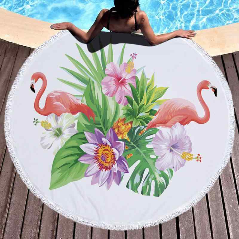 ビーチタオル 速乾 吸水性抜群 マイクロファイバー 軽量 柔らかい肌触り 円形 大判 フリンジ付き フラミンゴ柄 デジタルプリント おしゃれ バスタオル 海 プール レジャー 旅行用