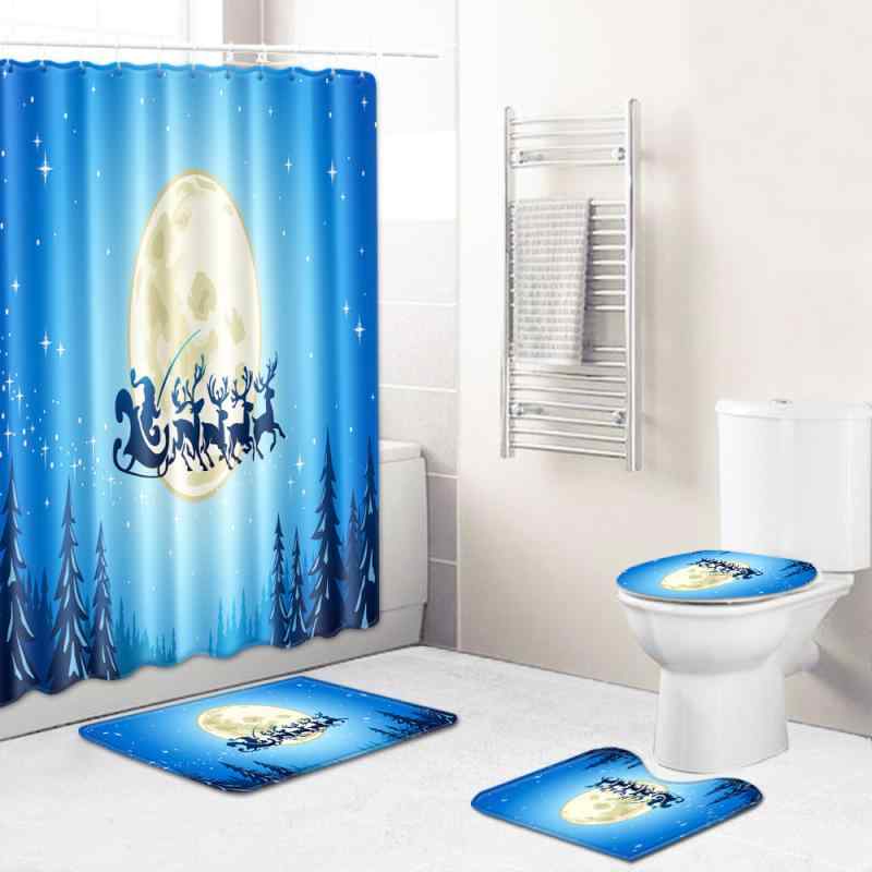 バス用品 洗濯機で洗える 丸洗いOK クリスマス柄 シャワーカーテン バスマット トイレマット トイレ蓋カバー ポリエステル モダン 速乾 滑り止め 浴室用 4点セット