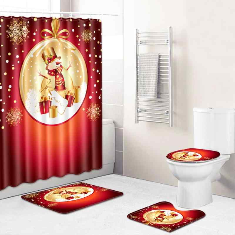 バスルームセット クリスマス シャワーカーテン トイレマット バスマット フロアマット ウォッシャブル 4点セット ポリエステル素材 浴室用 滑り止め モダン