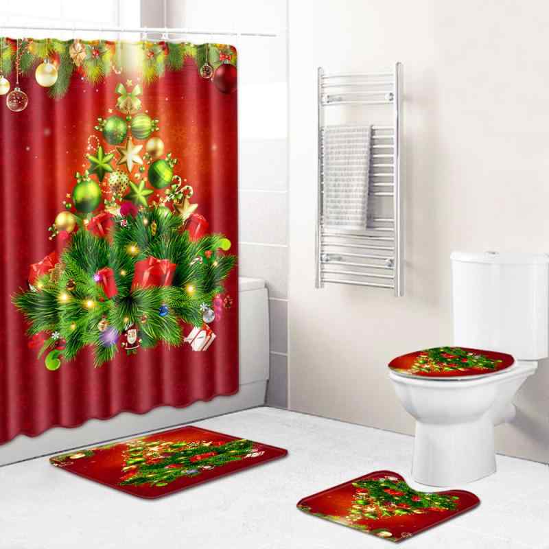 バスルーム トイレタリー 4点セット クリスマス 滑り止め 防水 吸水 洗える ポリエステル製 モダン シャワーカーテン トイレマット バスマット フロアマット