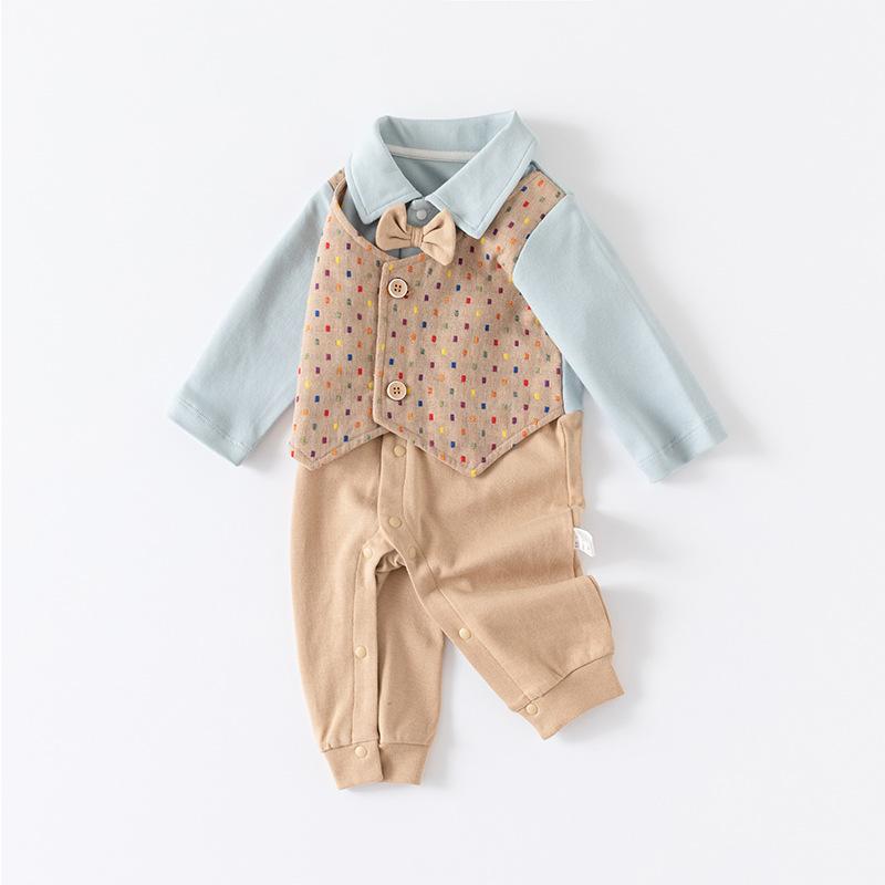 ロンパース 男の子 ベビー 新生児 綿100% 長袖 オールシーズン 普通地 カーキ フェイクスリーピース 重ね着風 礼服 フォーマル セレモニー お宮参り 結婚式 カバーオール プレッピー