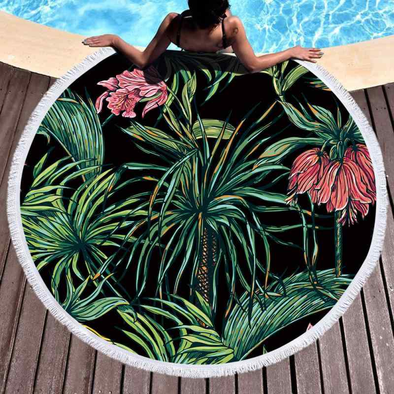 ビーチタオル マイクロファイバー 超極細繊維 吸水 速乾 大判 円形 丸型 フリンジ タッセル付き おしゃれ かわいい 熱帯雨林柄 トロピカル柄 プール 海水浴 バスタオル アウトドア