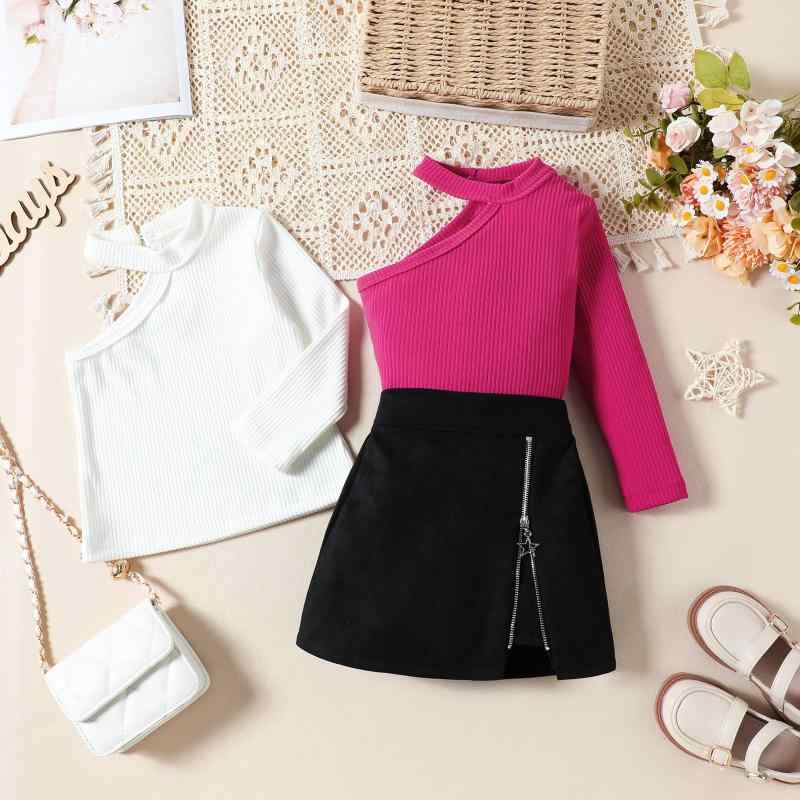 スカートセット 女の子 キッズ 春秋 カジュアル ストライプ ホルターネック 斜めショルダー 長袖 トップス PUレザー フェイクレザー スカート 2点セット 綿混 白 ローズレッド かわいい 普段着