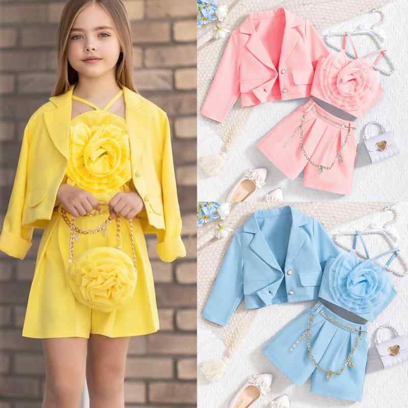 キッズ 女の子 コットン セットアップ 柔らかな肌触り 春秋 欧米風 長袖ジャケット 花柄キャミソール ショートパンツ 3点セット 普段着 お出かけ 通園通学 小学生 ジュニア