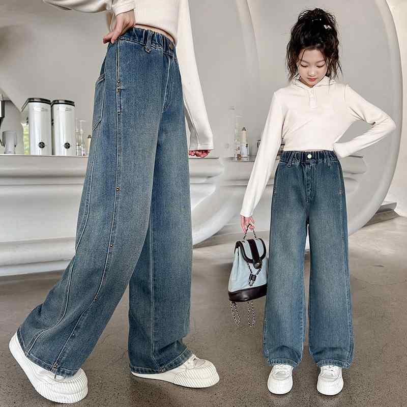 デニムパンツ キッズ 女の子 春秋 レトロ スタッズ カジュアル おしゃれ ワイドパンツ コットン素材 ソフトタッチ ウエストゴム ミッドライズ ジュニア向け 普段使い 通学 お出かけ ブルー
