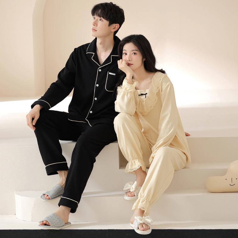 パジャマ カップル ペアルック 長袖 長ズボン 綿100% ワッフル生地 保温 快適 ルームウェア 部屋着 寝..