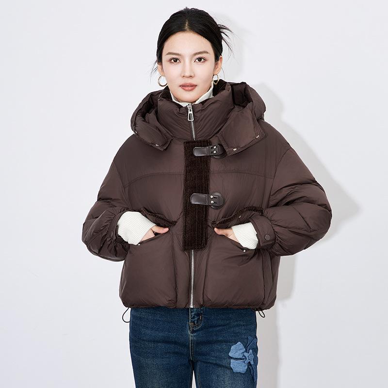 ダウンジャケット レディース 冬 ショート丈 スタンドカラー フード付き ゆったり ルーズフィット 保温 防寒 厚手 ダックダウン カジュアル おしゃれ アウター