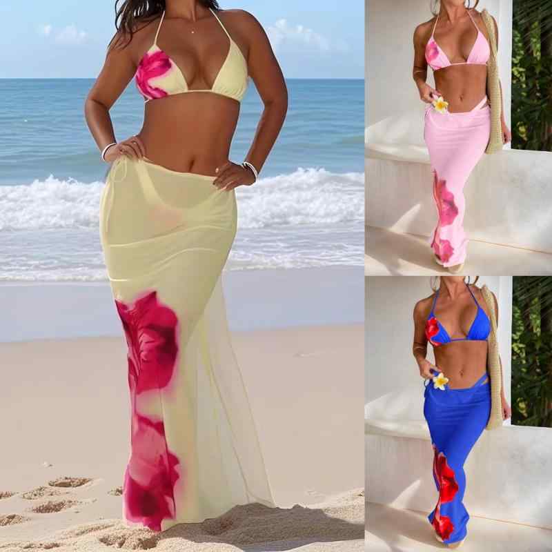 ビキニ レディース ホルターネック ハイウエスト セパレート カップ付き ワイヤーレス 高伸縮性 欧米風 プリント柄 バックオープン セクシー リゾート水着 プール 海水浴