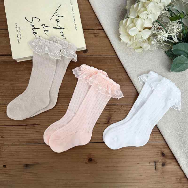 靴下 女の子 ベビー キッズ 薄手 通気性 吸汗速乾 接触冷感 メッシュ レース フリル プリンセス 春夏 ミドル丈 ハイソックス