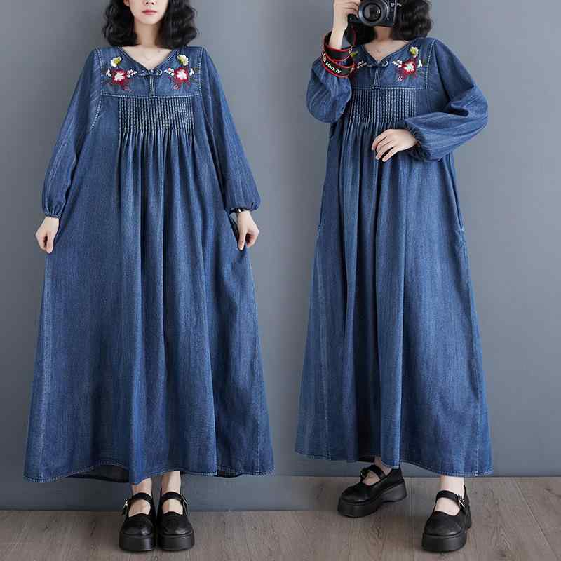 ワンピース レディース 大きいサイズ ゆったり デニム エスニック 刺繍 レトロ調 ウエストマーク 細見え効果 ロング丈 ブルー Aライン Vネック 長袖 ランタンスリーブ 春夏 きれいめ 通勤(4)