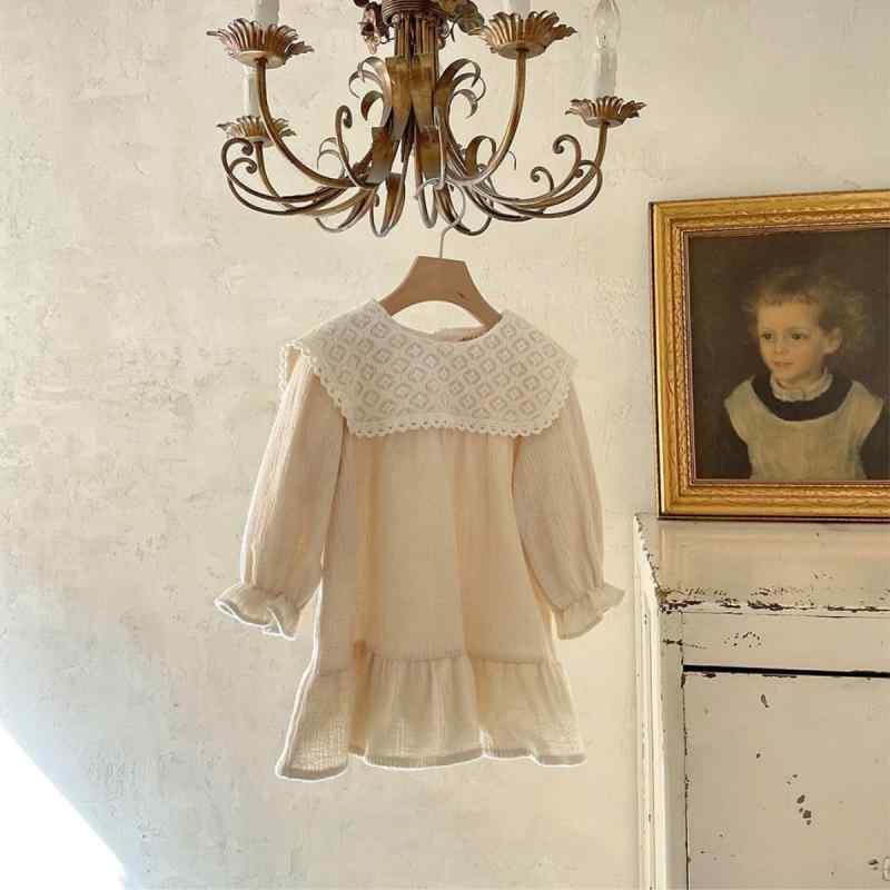 ワンピース 女の子 キッズ 春秋 長袖 綿素材 ナチュラル 上品 襟付き フリルスカート 普段使い デイリ..