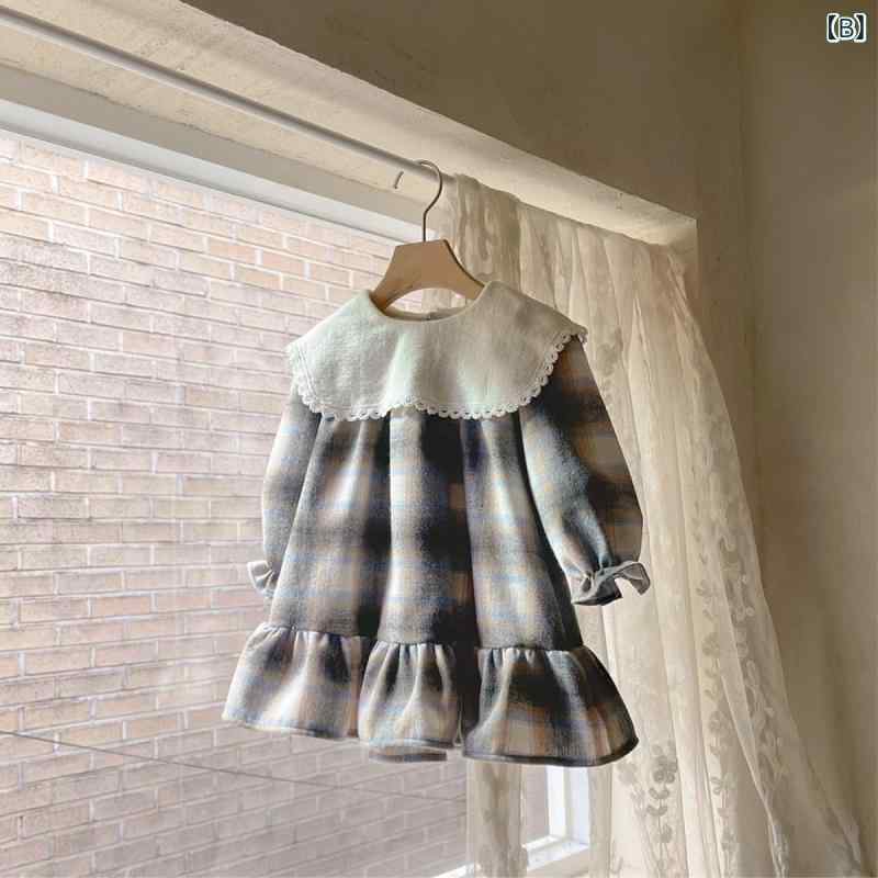 ワンピース 女の子 キッズ 春秋 長袖 綿素材 ナチュラル 上品 襟付き フリルスカート 普段使い デイリー 通園 通学 スクール 制服風 きれいめ ベージュ 青黒 格子柄 3