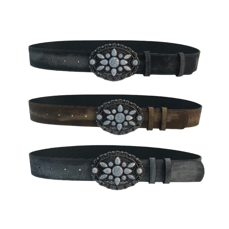 ベルト レディース 欧米 ウエスタン レトロ ヴィンテージ フェイクレザー ラインストーン 合金バックル..