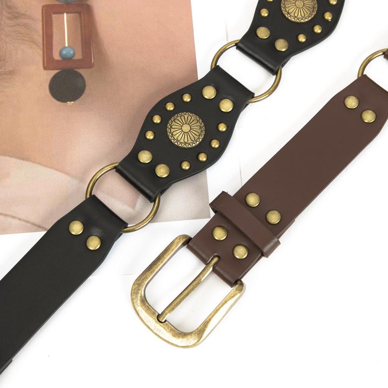 ベルト 男女兼用 レトロ スタッズ フェイクレザー ピンバックル デニム 幅広 ウエストマーク エスニック ブラウン ブラック ストリート 個性派 切り替え ライン(x2)