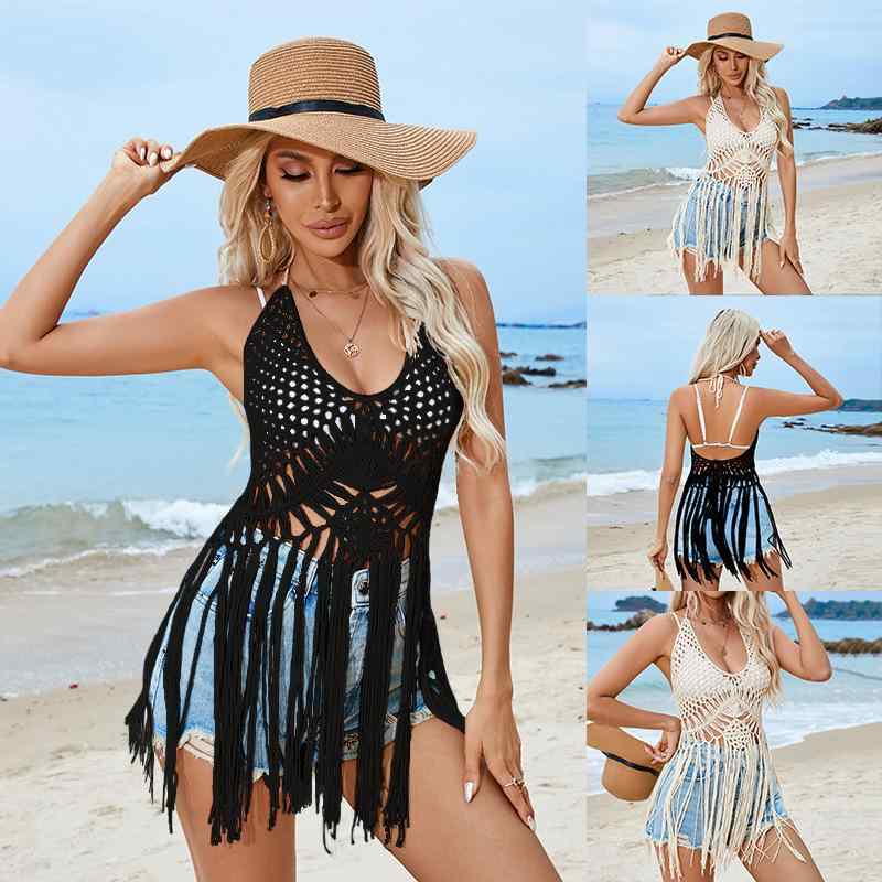 カバーアップ レディース かぎ針編み フリンジ タッセル ビキニ 水着の上 羽織り ビーチ プール リゾート 透かし編み 体型カバー アクリル サマーニット アプリコット ホワイト ブラック 春夏 カジュアル