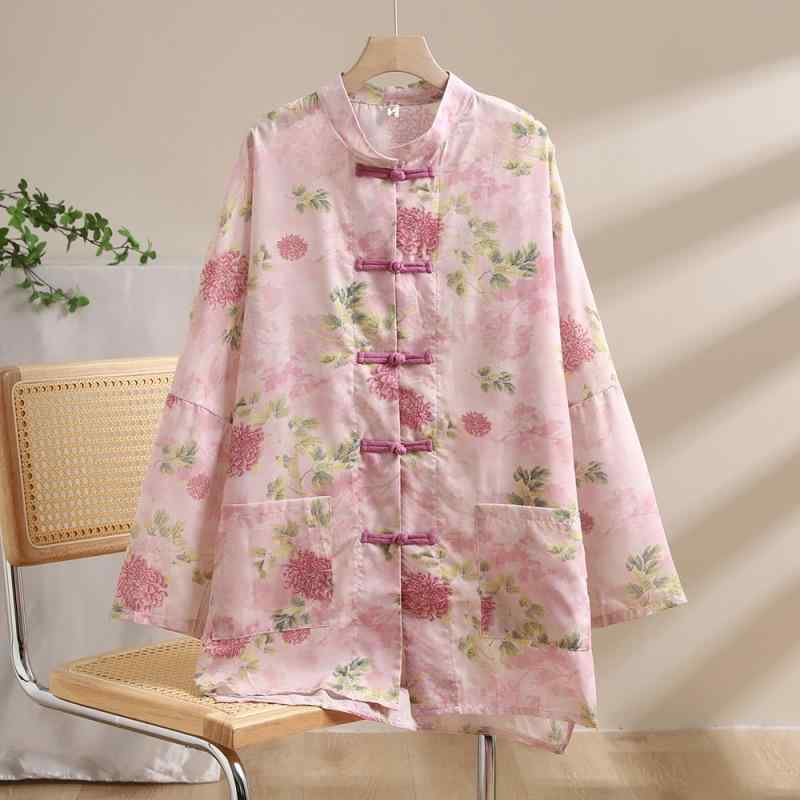 カーディガン 春夏 レディース レトロ プリント 新チャイナ風 盤扣 ゆったり オーバーサイズ UVカット 日焼け対策 カジュアル 羽織り ポリエステル トップス 長袖 スタンドカラー ミドル丈 上品 通勤 きれいめ