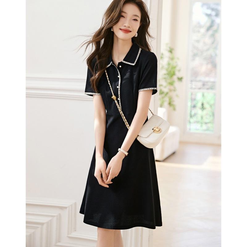 ワンピース レディース ポロ襟 半袖 ニット ポリエステル リトルブラックドレス スリムフィット Aライ..