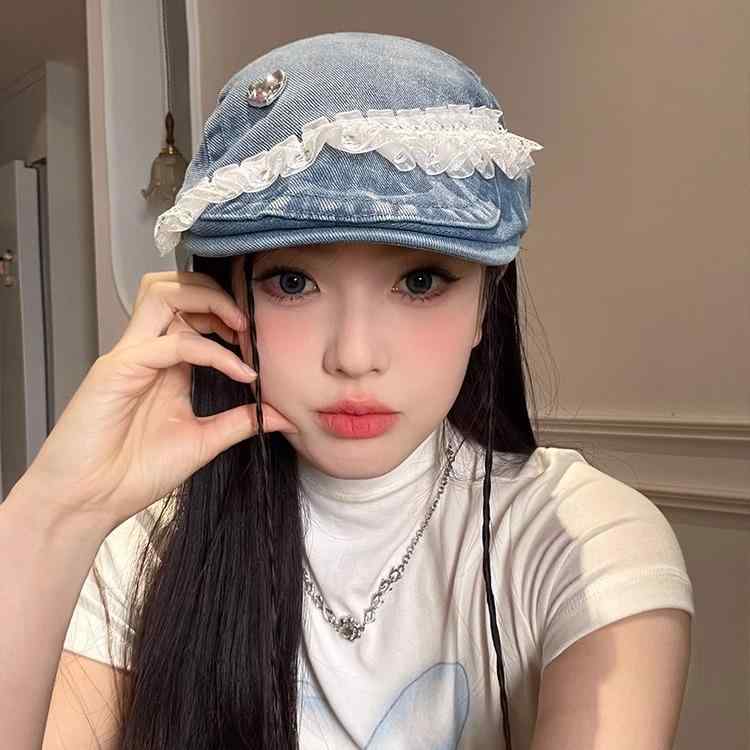 ベレー帽 レディース デニム レース つば付き キャップ ブルー系 ブラック系 かわいい 小顔効果 日除け UVカット 通気性 カジュアル 万能 普段使い(4)