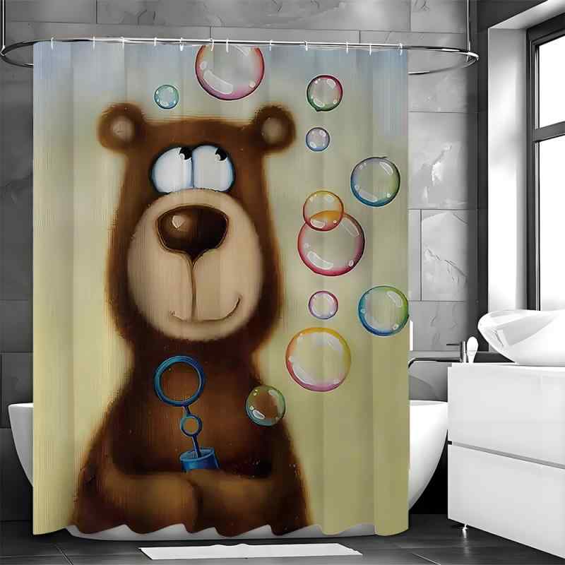シャワーカーテン 防水 防カビ クマ シャボン玉柄 かわいい おしゃれ デザイン性 バスルーム お風呂 間仕切り 目隠し ポリエステル製 モダン シンプル ユニットバス