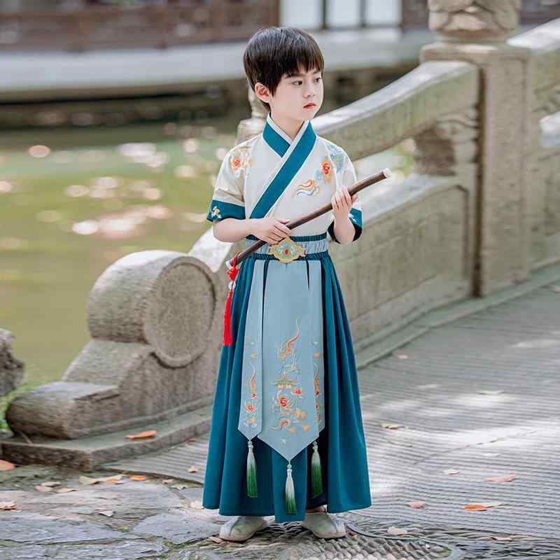 漢服 唐装 キッズ 男の子 古風 セットアップ 上下セット 春夏 半袖 学生 国学服 改良 高級感 柔らかい..