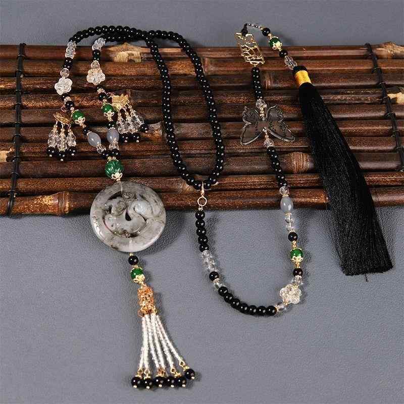 ネックレス 中国民族風 古風 瓔珞 ロング丈 タッセル 背雲飾り ビーズチェーン 馬面スカート 漢服向け ..