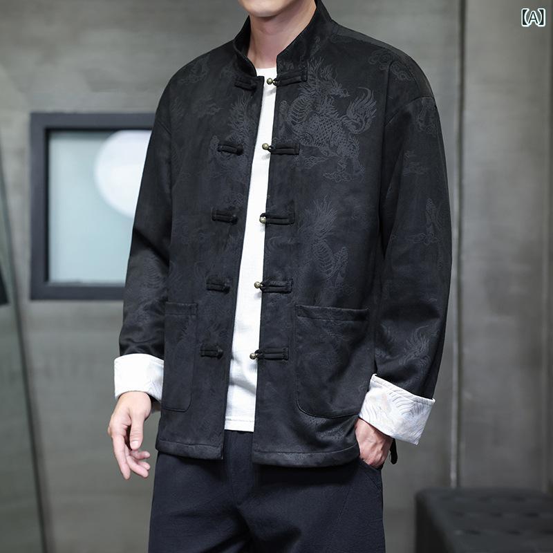 Other - ジャケット メンズ 男性用 中国風 麒麟柄 スエード 唐装 漢服風 綿素材 シワになりにくい カジュアル 大きいサイズ アウター 秋冬