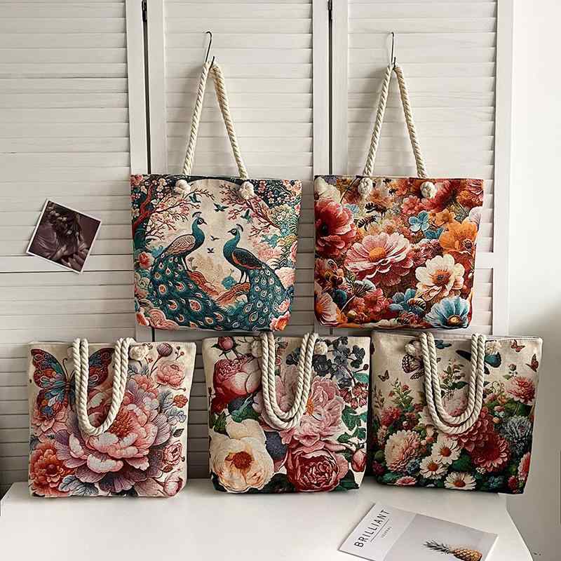 バッグ レディース ダブルフェイス ジャカード織り 刺繡 蝶 エスニック柄 おしゃれ キャンバス ショルダーバッグ トートバッグ ファスナー付き 内ポケット 日常使い 縦型