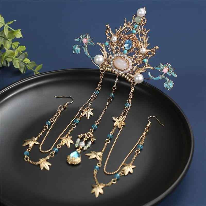 ヘアアクセサリー レディース 漢服風 中華古典 歩揺 一体型 頭飾り 煌めくジルコニア 花飾り 合金製 優雅 仙女風 エキゾチック 舞台 撮影 和装 結婚式 パーティー イベント