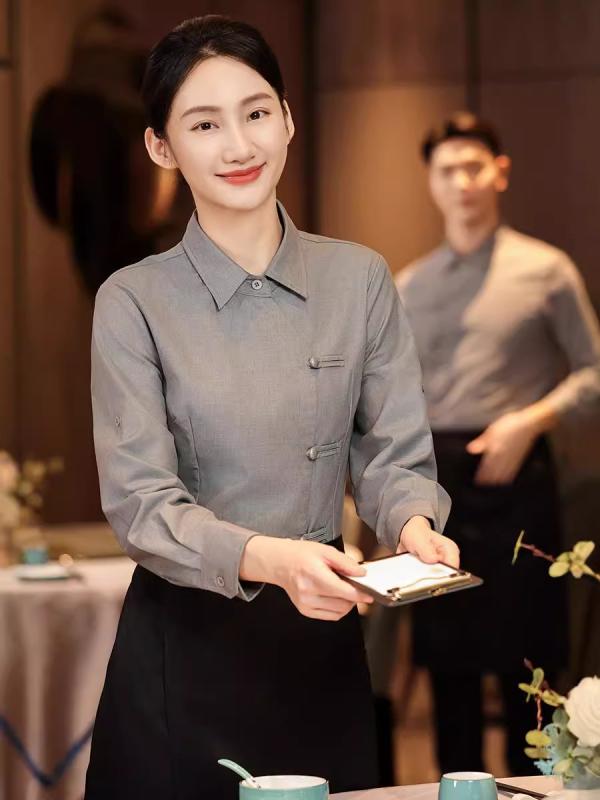 防寒 シャツ レディース 秋冬 長袖 中華風 チャイナ風 ホテル レストラン カフェ 喫茶店 飲食店 サービス 接客 ユニフォーム 制服