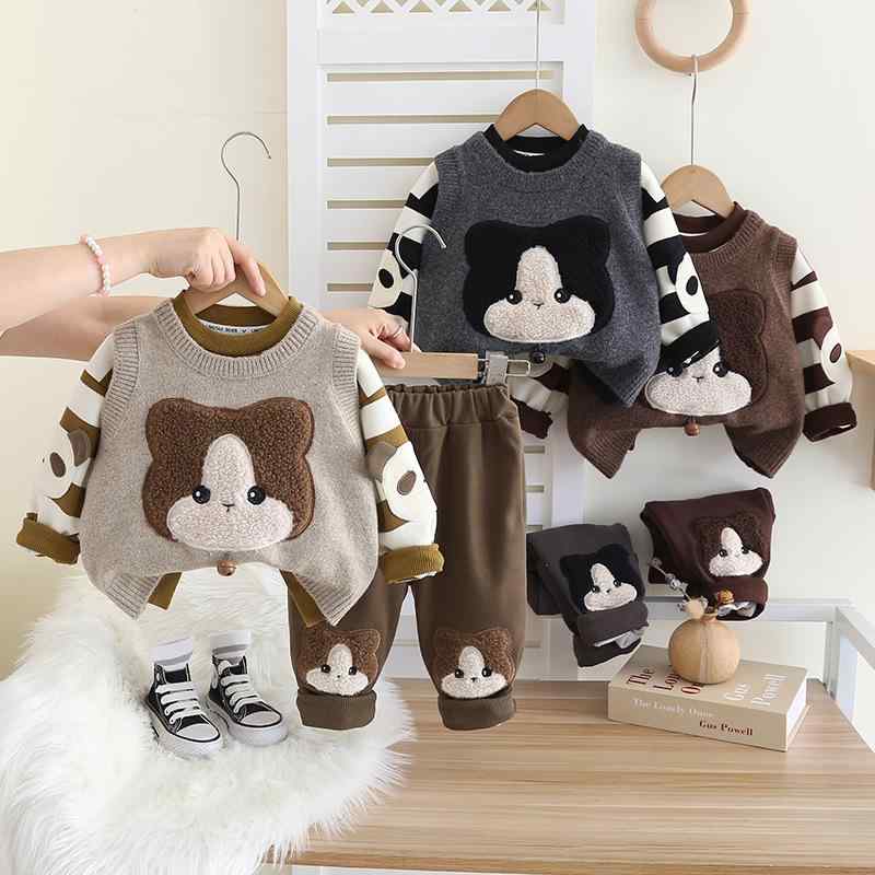 セットアップ キッズ 男の子 秋 猫 刺繍 ストライプ 韓国子供服 セーター ベスト トレーナー スリーピ..